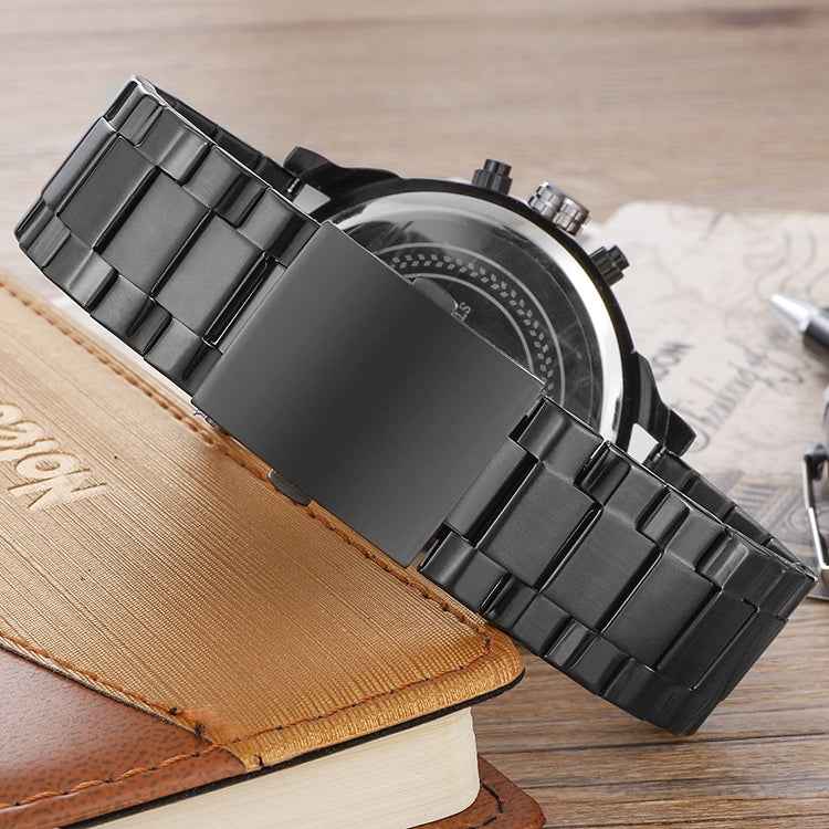 CAGARNY 6820 Fashionable Business Style Large Dial Dual Time Zone Quartz Movement Wrist Watch with Stainless Steel Band & Calendar Function for Men((Black Steel Band Blue Window)