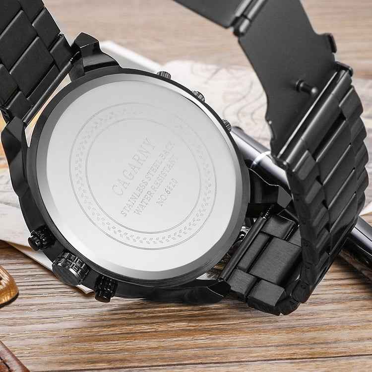 CAGARNY 6820 Fashionable Business Style Large Dial Dual Time Zone Quartz Movement Wrist Watch with Stainless Steel Band & Calendar Function for Men((Black Steel Band Blue Window)