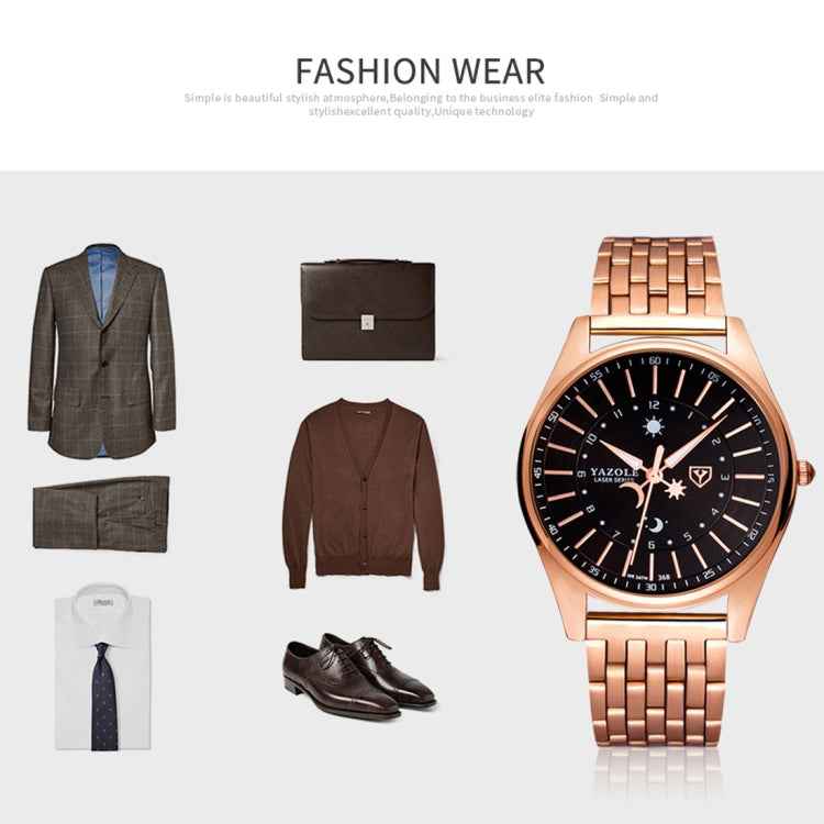 YAZOLE 368 Men Fashion Business Steel Strap Band Quartz Wrist Watch, Luminous Points