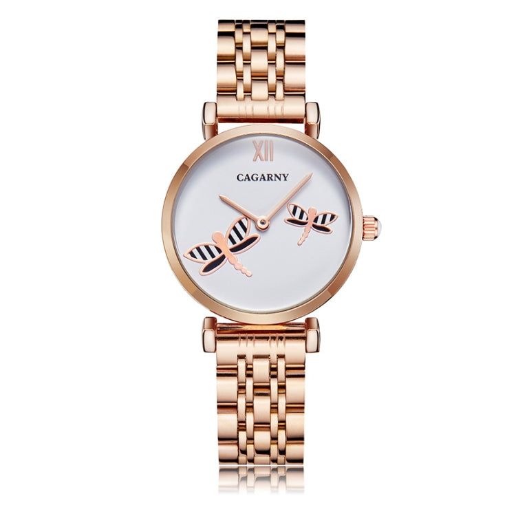 CAGARNY 6880 Fashion Life Waterproof Dragonfly White Background Gold Steel Band Quartz Watch, WA0329A, WA0329B, WA0329C, WA0329D, WA0329E
