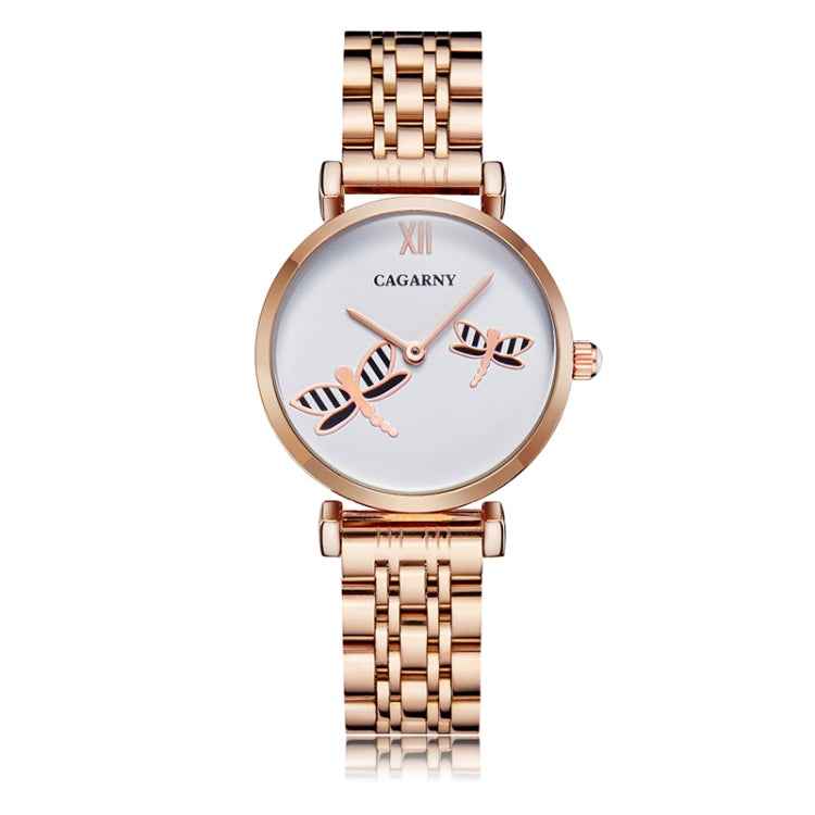 CAGARNY 6880 Fashion Life Waterproof Dragonfly White Background Gold Steel Band Quartz Watch
