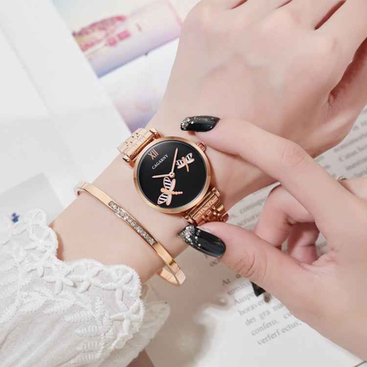 CAGARNY 6880 Fashion Life Waterproof Dragonfly White Background Gold Steel Band Quartz Watch