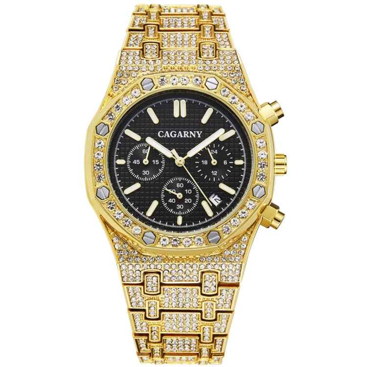 CAGARNY 6881 Diamond-studded Six-needles Guartz Dual Movement Watch Men Stainless Steel Strap Watch (Gold Shell Gold Dial)