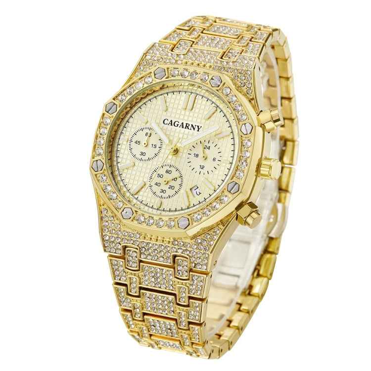 CAGARNY 6881 Diamond-studded Six-needles Guartz Dual Movement Watch Men Stainless Steel Strap Watch (Gold Shell Gold Dial)