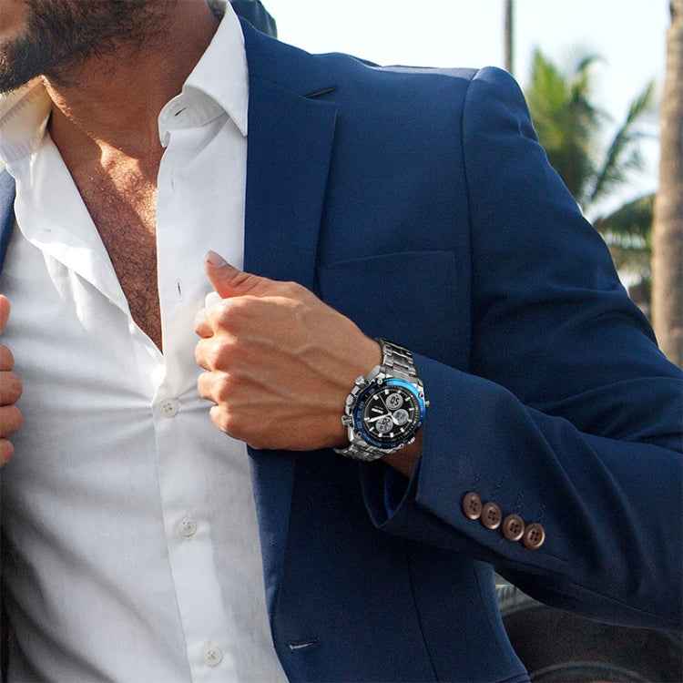 SKMEI 1302 Fashion Men Leisure Wrist Watch Multifunctional Dual-time Sports Digital Watch with Stainless Steel Watchband 30m Waterproof