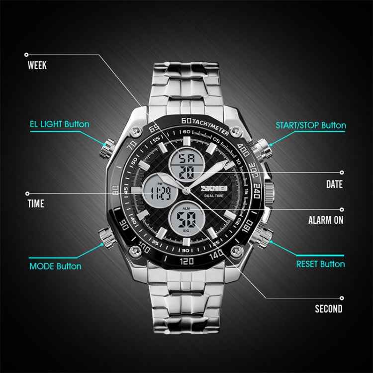 SKMEI 1302 Fashion Men Leisure Wrist Watch Multifunctional Dual-time Sports Digital Watch with Stainless Steel Watchband 30m Waterproof