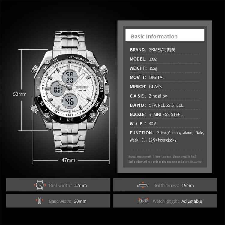 SKMEI 1302 Fashion Men Leisure Wrist Watch Multifunctional Dual-time Sports Digital Watch with Stainless Steel Watchband 30m Waterproof