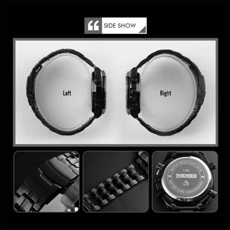 SKMEI 1302 Fashion Men Leisure Wrist Watch Multifunctional Dual-time Sports Digital Watch with Stainless Steel Watchband 30m Waterproof
