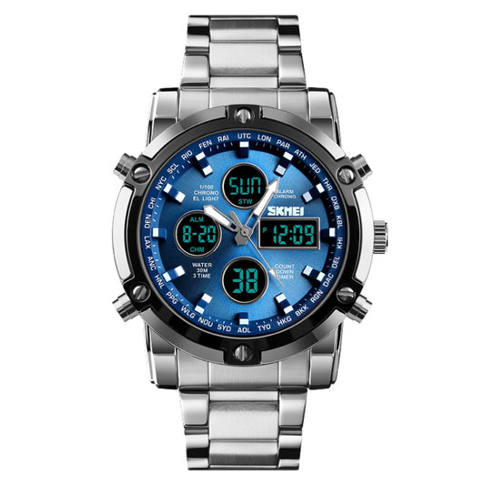 SKMEI 1389 Multifunctional Men Business Digital Watch 30m Waterproof Large Dial Wrist Watch with Stainless Steel Watchband