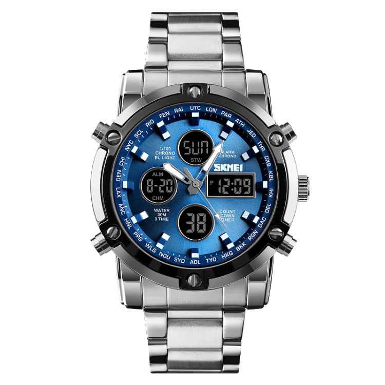 SKMEI 1389 Multifunctional Men Business Digital Watch 30m Waterproof Large Dial Wrist Watch with Stainless Steel Watchband