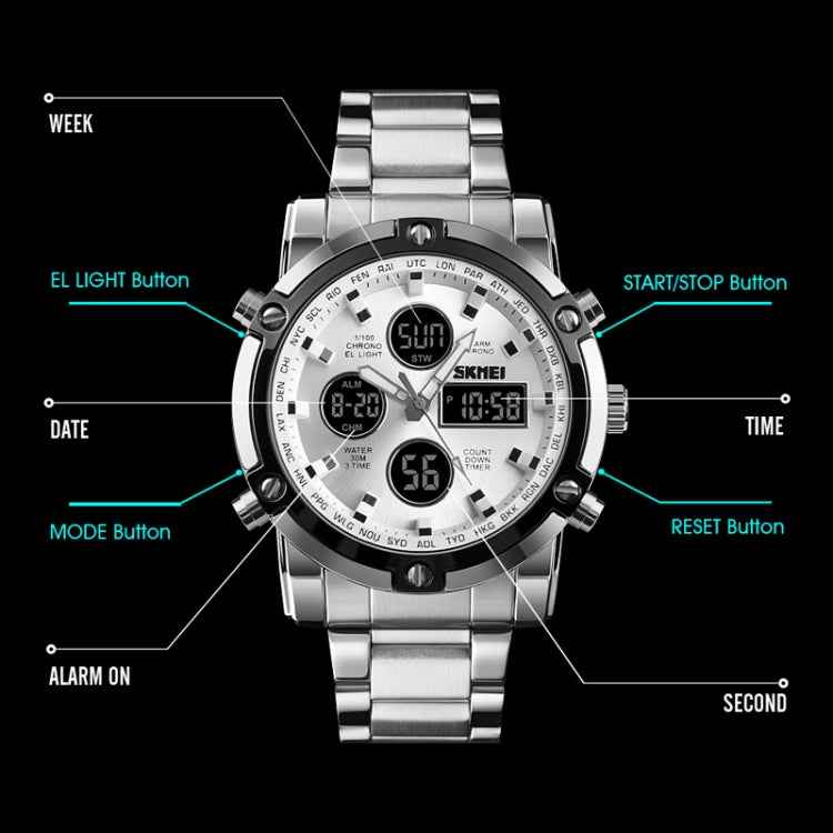 SKMEI 1389 Multifunctional Men Business Digital Watch 30m Waterproof Large Dial Wrist Watch with Stainless Steel Watchband