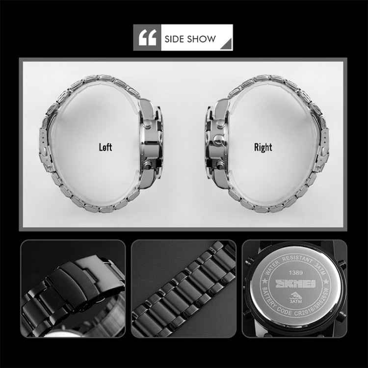 SKMEI 1389 Multifunctional Men Business Digital Watch 30m Waterproof Large Dial Wrist Watch with Stainless Steel Watchband