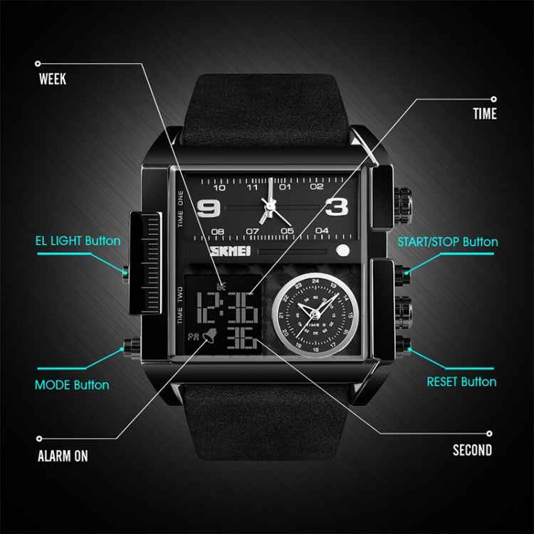 SKMEI 1391 Multifunctional Men Business Digital Watch 30m Waterproof Square Dial Wrist Watch with Leather Watchband