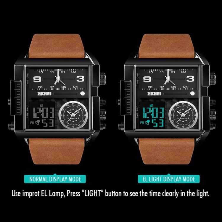 SKMEI 1391 Multifunctional Men Business Digital Watch 30m Waterproof Square Dial Wrist Watch with Leather Watchband