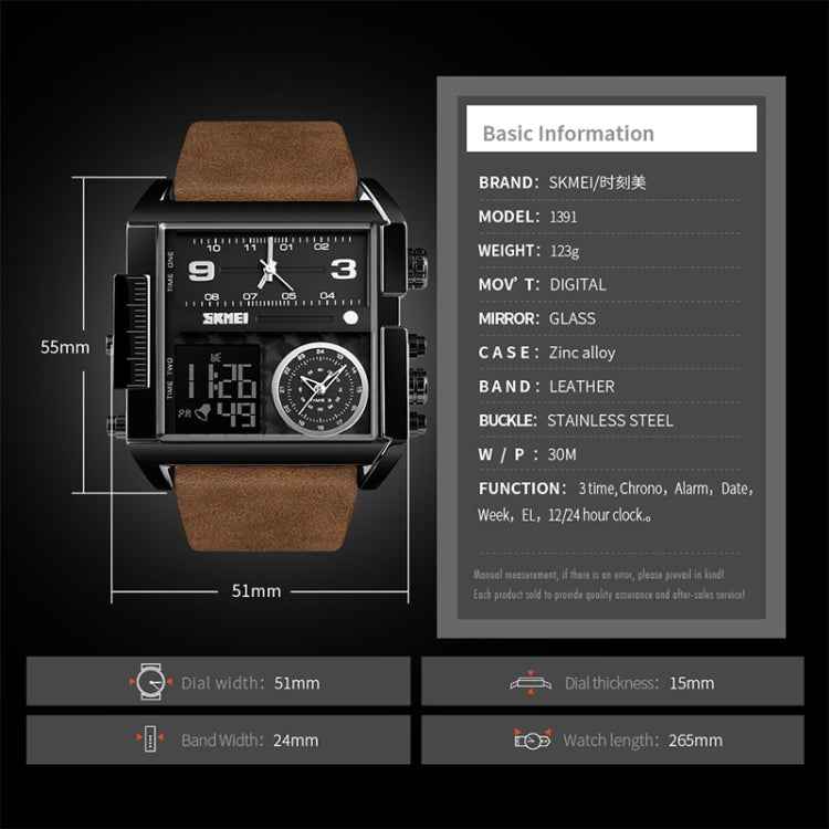 SKMEI 1391 Multifunctional Men Business Digital Watch 30m Waterproof Square Dial Wrist Watch with Leather Watchband