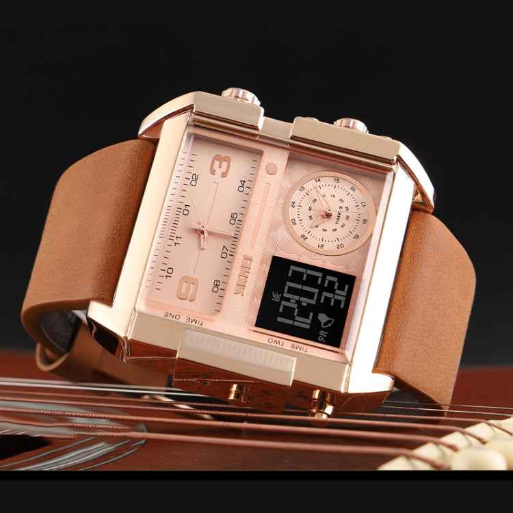 SKMEI 1391 Multifunctional Men Business Digital Watch 30m Waterproof Square Dial Wrist Watch with Leather Watchband