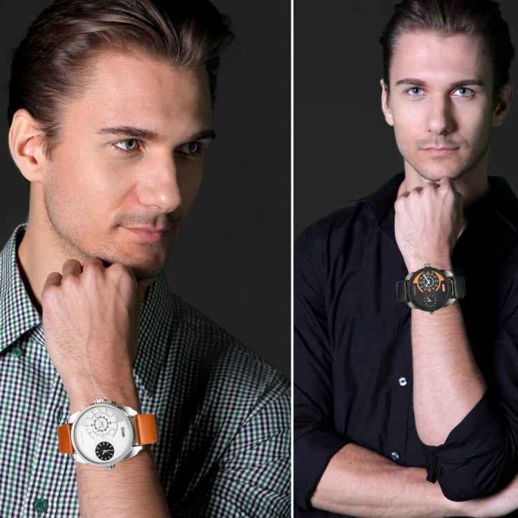 CAGARNY 6813 Fashionable Korean Style Dual Clock Quartz Business Wrist Watch with Leather Band for Men(White Case Brown Band)