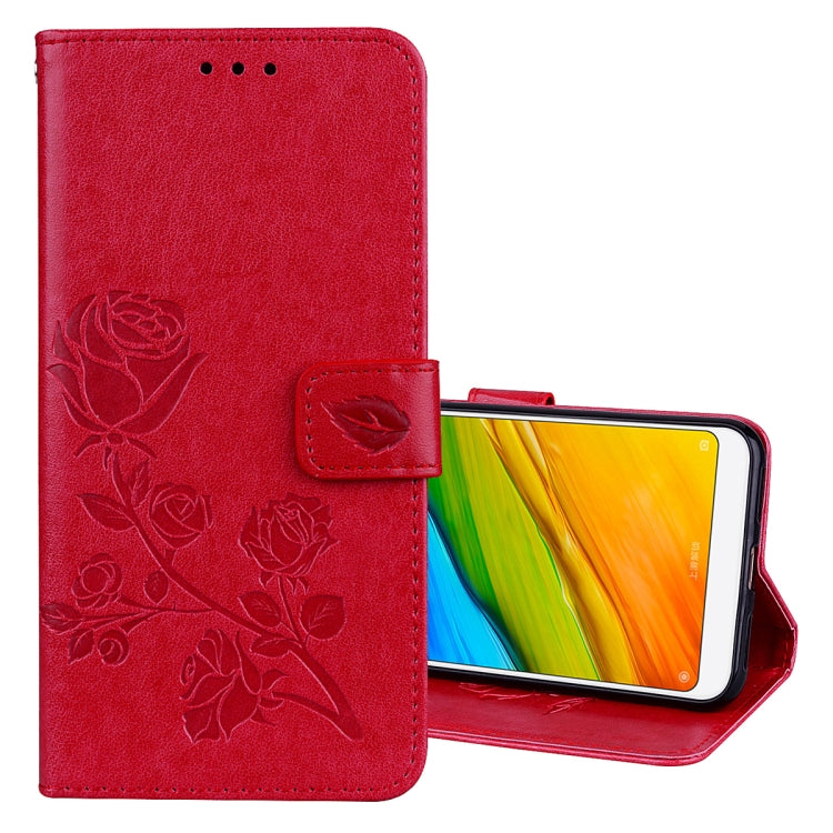 Étui à rabat horizontal en cuir PU pour Xiaomi Redmi 5 Plus, motif rose gaufré, avec support, emplacements pour cartes et portefeuille.