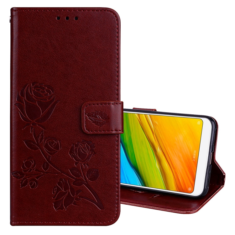 Étui à rabat horizontal en cuir PU pour Xiaomi Redmi 5 Plus, motif rose gaufré, avec support, emplacements pour cartes et portefeuille.
