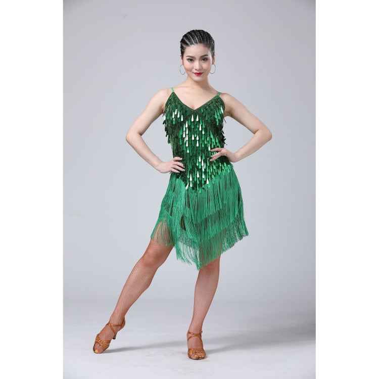 Waterdrop Fringed Sequins Suspenders Latin Dance Dress Competition Performance Suit, Free Size