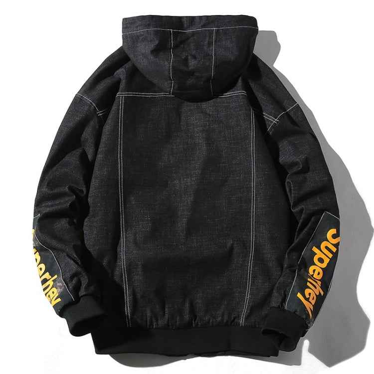 Hooded Casual Letter Print Tooling Denim Jacket for Men