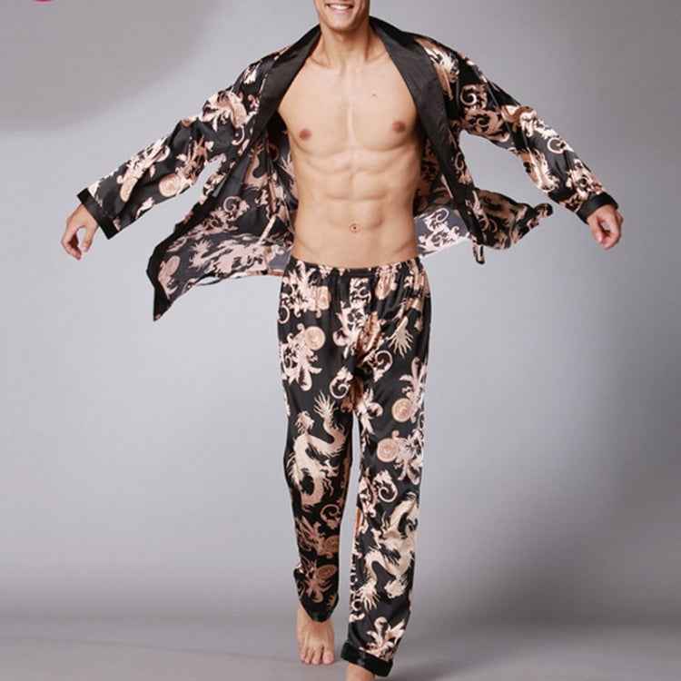 Men Long Paragraph Silk Pajamas(Color:Grey Size:XXXL), L, XL, XXL, XXXL