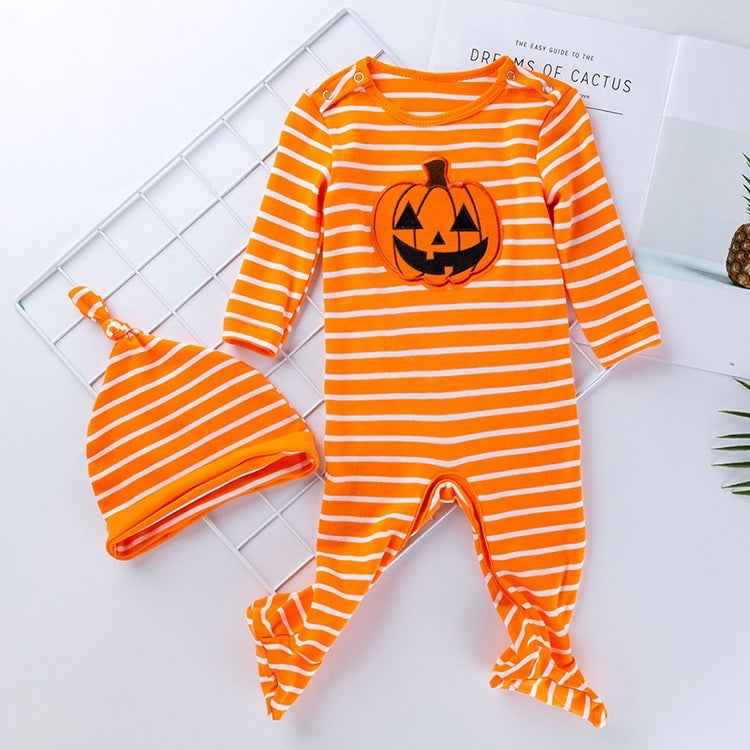 Halloween Baby Long-sleeved Striped Pumpkin Print One-piece Suit
