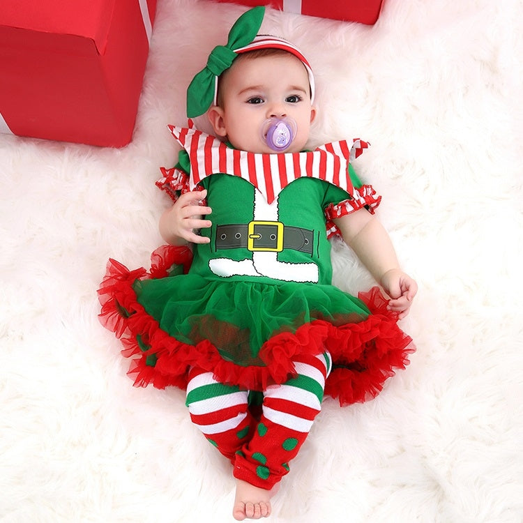 Christmas Baby Short-sleeved Three-piece Baby Romper Tutu Skirt