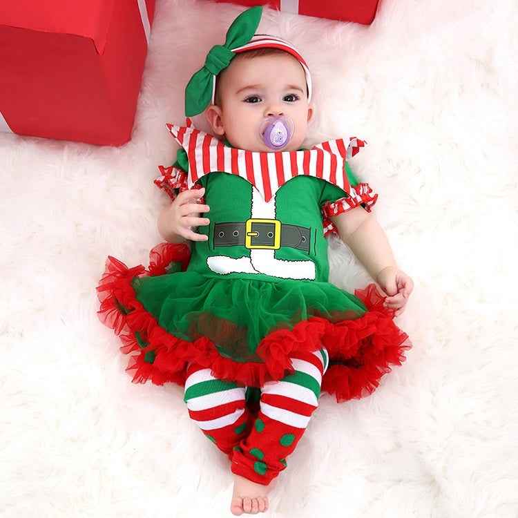 Christmas Baby Short-sleeved Three-piece Baby Romper Tutu Skirt