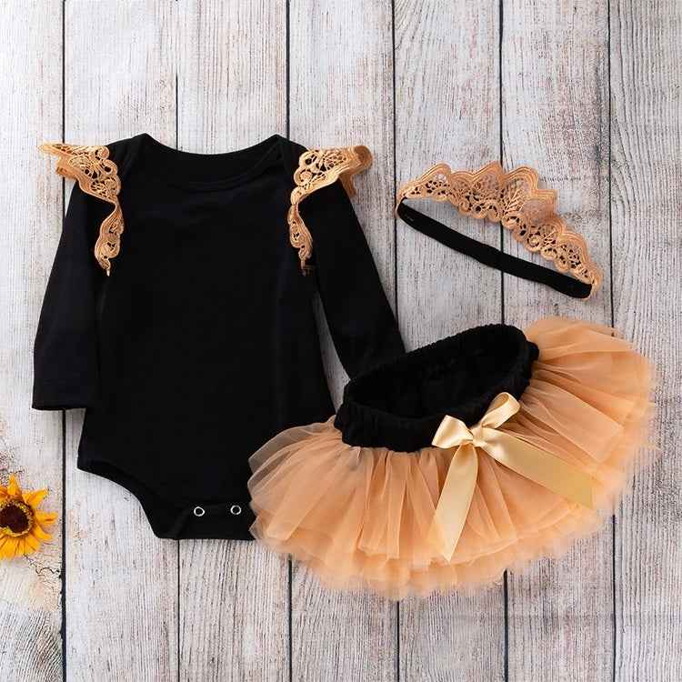 Three-piece Black Long-sleeveds Winged Romper With Mesh Bottom Pants Skirt