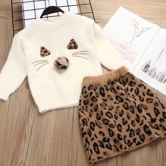 Girl Solid Color Sweater Mink Velvet + Leopard Skirt Two-piece