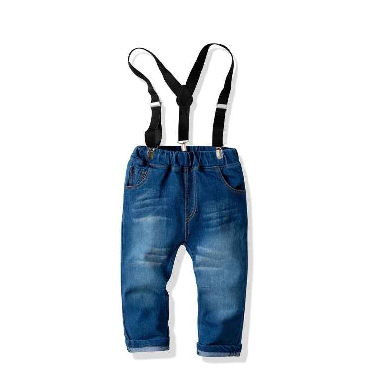 Children Long-sleeved Shirt + Denim Suspenders And Trousers Two-piece Suit