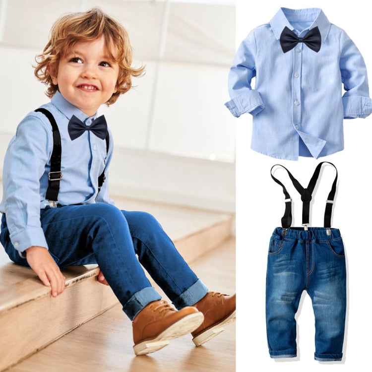 Children Long-sleeved Shirt + Denim Suspenders And Trousers Two-piece Suit