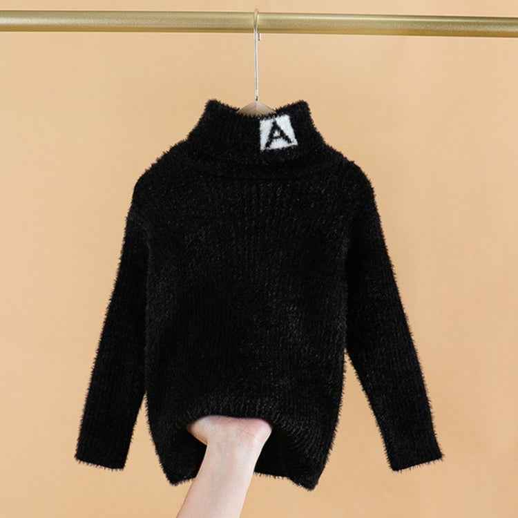 Letter Pattern Imitation Mink Velvet Children Turtleneck Knitted Sweater
