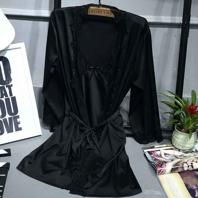 2 in 1 Ladies Lace Silk Sling Nightdress + Cardigan Nightgown Set (Color:Light Grey Size:M), M, L, Xl, Xxl