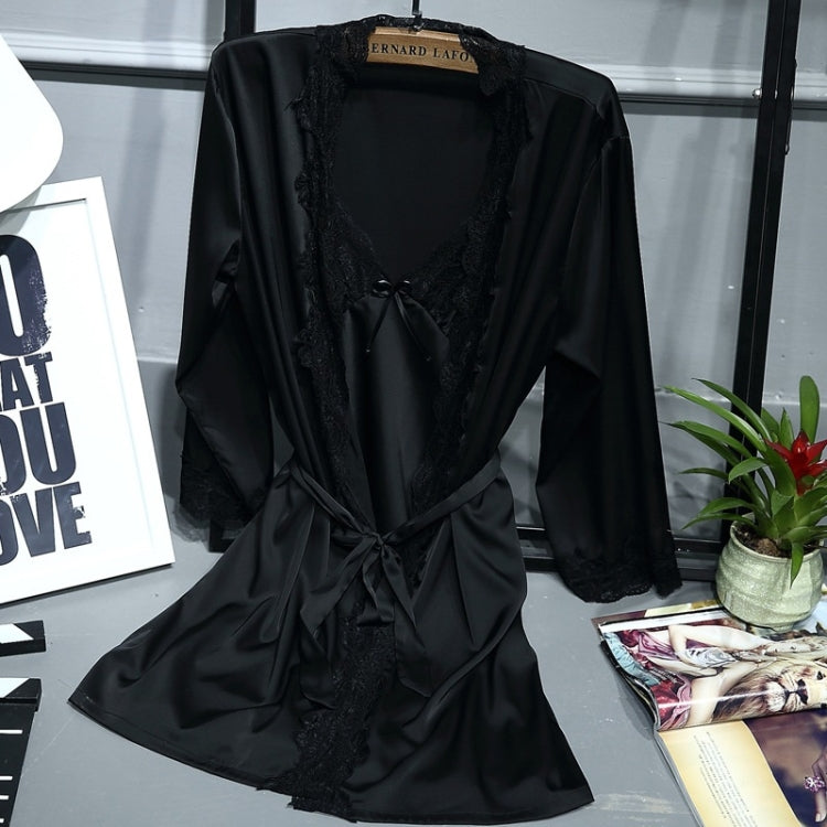 2 in 1 Ladies Lace Silk Sling Nightdress + Cardigan Nightgown Set (Color:Light Grey Size:M), M, L, Xl, Xxl