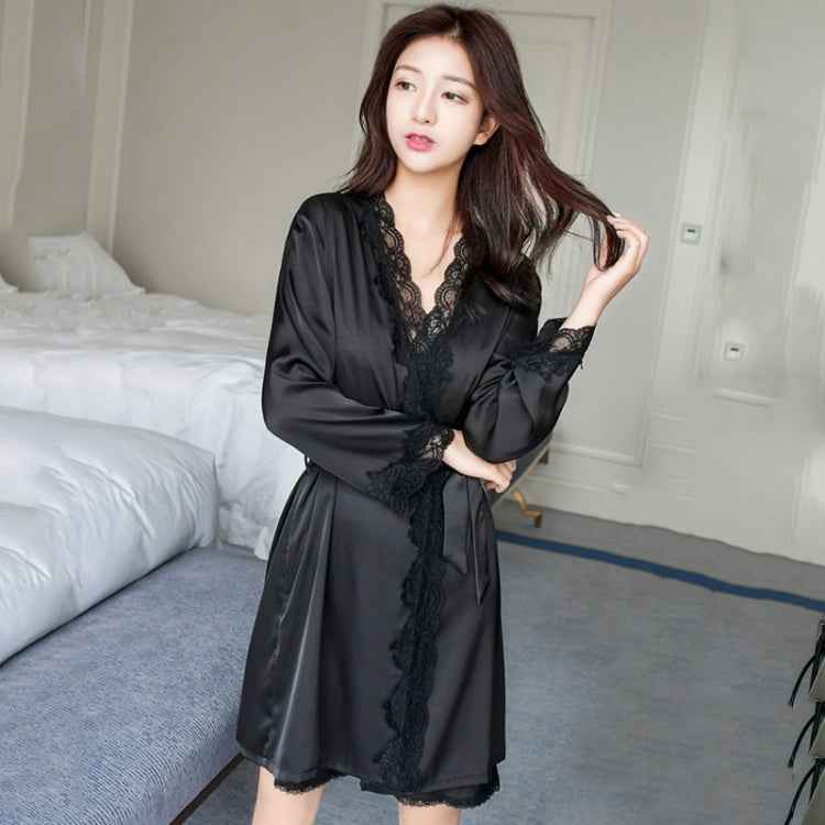 2 in 1 Ladies Lace Silk Sling Nightdress + Cardigan Nightgown Set (Color:Light Grey Size:M), M, L, Xl, Xxl
