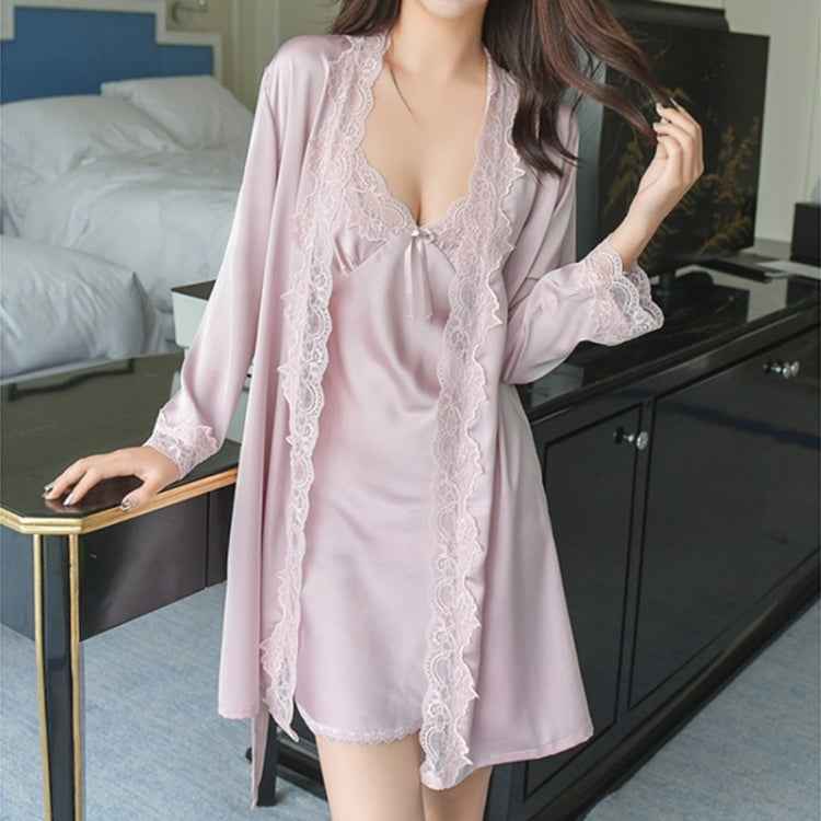 2 in 1 Ladies Lace Silk Sling Nightdress + Cardigan Nightgown Set (Color:Light Grey Size:M), M, L, Xl, Xxl
