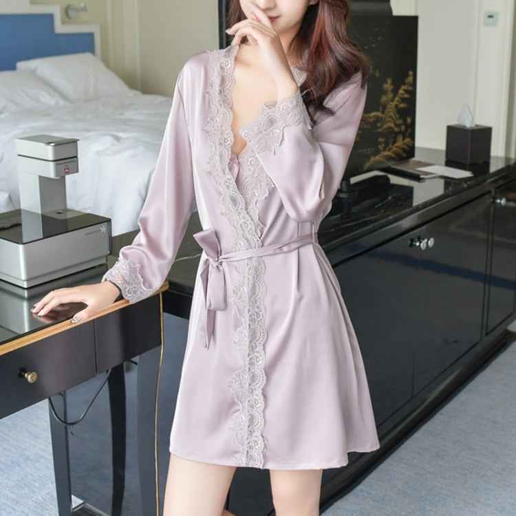 2 in 1 Ladies Lace Silk Sling Nightdress + Cardigan Nightgown Set (Color:Light Grey Size:M), M, L, Xl, Xxl
