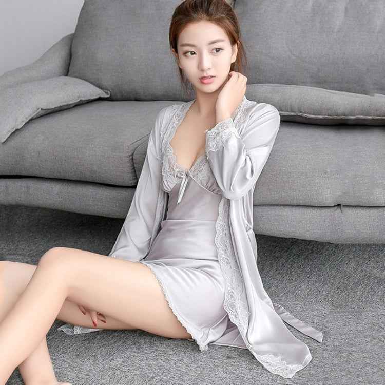 2 in 1 Ladies Lace Silk Sling Nightdress + Cardigan Nightgown Set (Color:Light Grey Size:M), M, L, Xl, Xxl