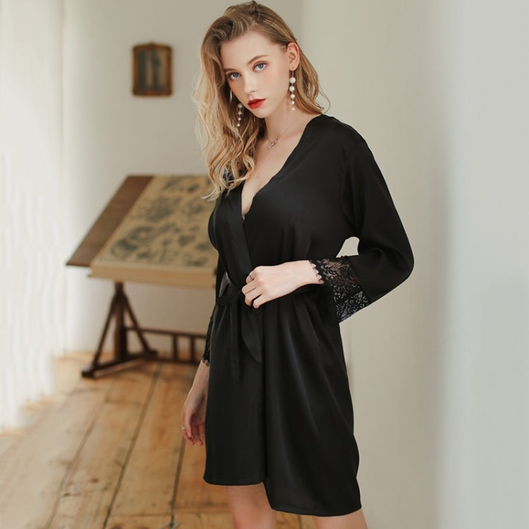 2 in 1 Spring and Summer Imitation Silk Flower Pattern Suspender Nightdress + Cardigan Nightgown Set for Ladies (Color:COLD BLUE Size:XXL), M, L, Xl, Xxl