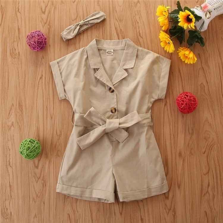 Girls Short-sleeved Single-breasted Jumpsuit