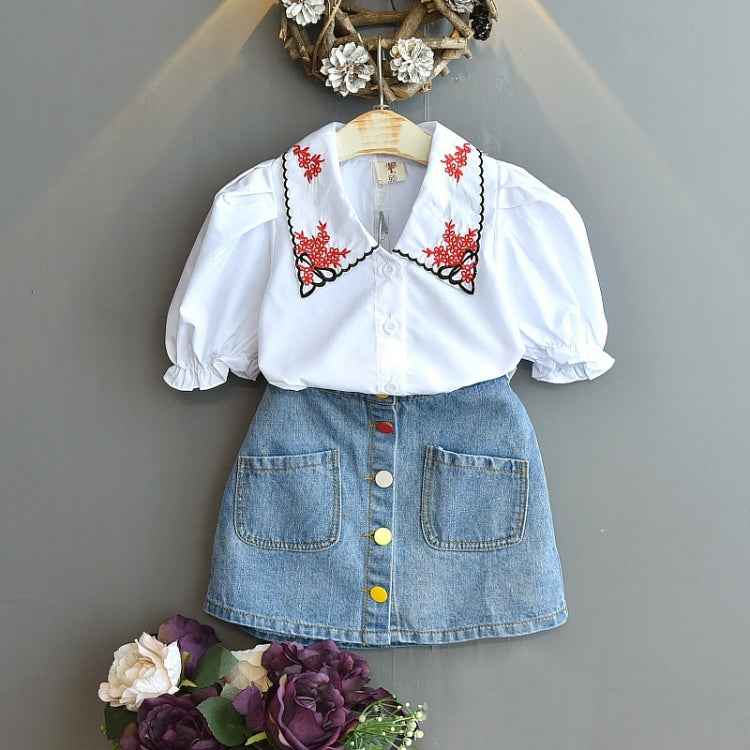 Girls Denim Skirt Casual Embroidered Short Sleeve Shirt Two-piece