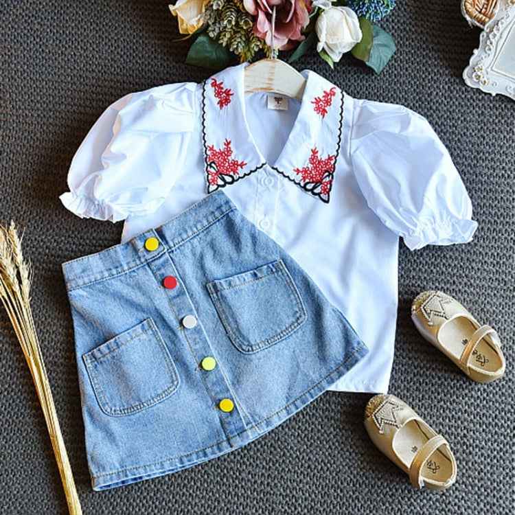 Girls Denim Skirt Casual Embroidered Short Sleeve Shirt Two-piece