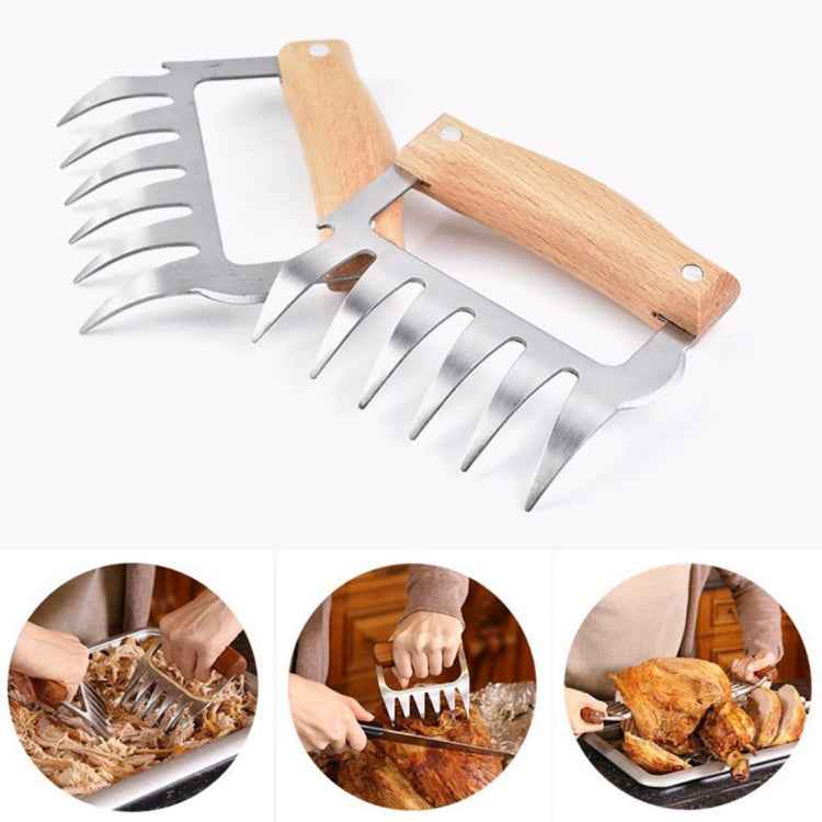 2 PCS Bear Claw Shaped stainless steel Barbecue Fork Chicken Shredded Wooden Handle Anti-skid Creative Kitchen Fork Claw Meat Claw Splitter with