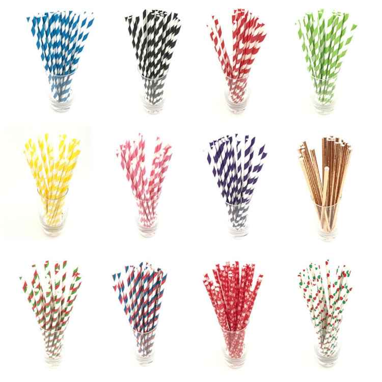2 Packs / 50pcs Degradable Color Environmental Protection Striped Paper Straw Disposable Kraft Paper Straw