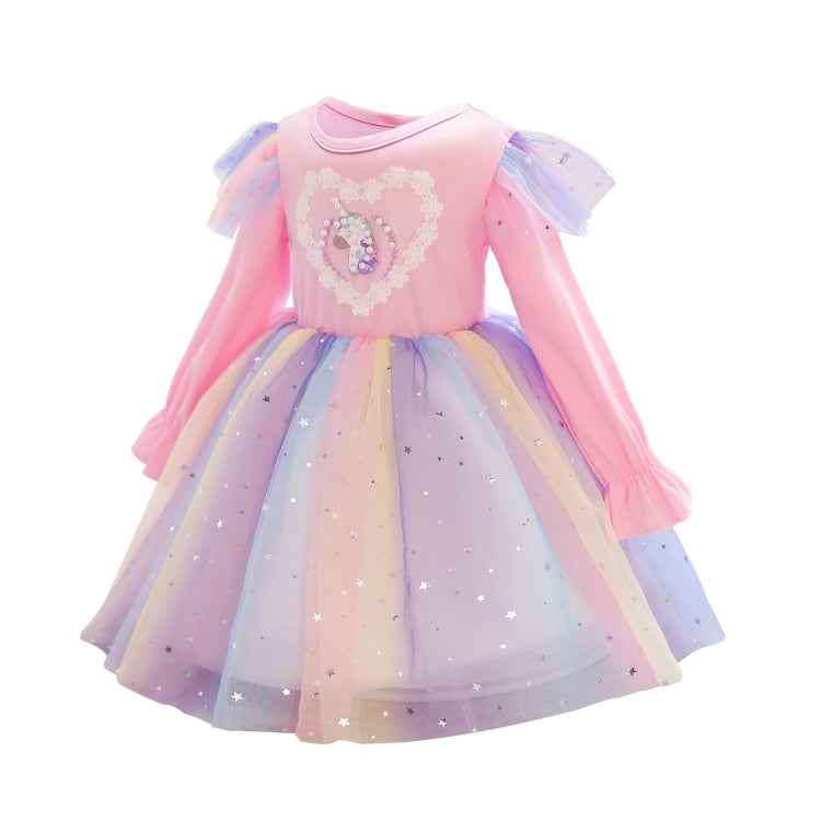 Children Dress With Flying Sleeves Rainbow Sequined Mesh Princess Dress