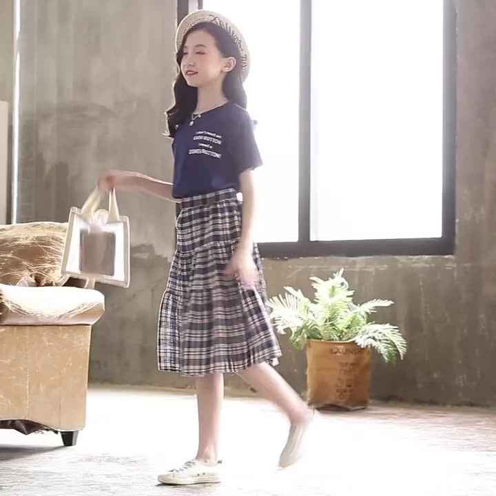Girls Short Sleeve + Plaid Skirt Two-piece Suit