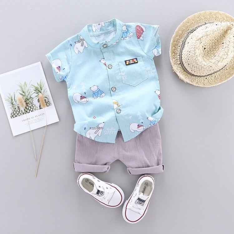 Summer Kids Leather Label Bear Shirt Short Sleeve Two-piece Suit