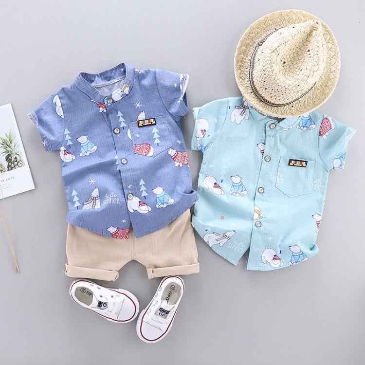 Summer Kids Leather Label Bear Shirt Short Sleeve Two-piece Suit